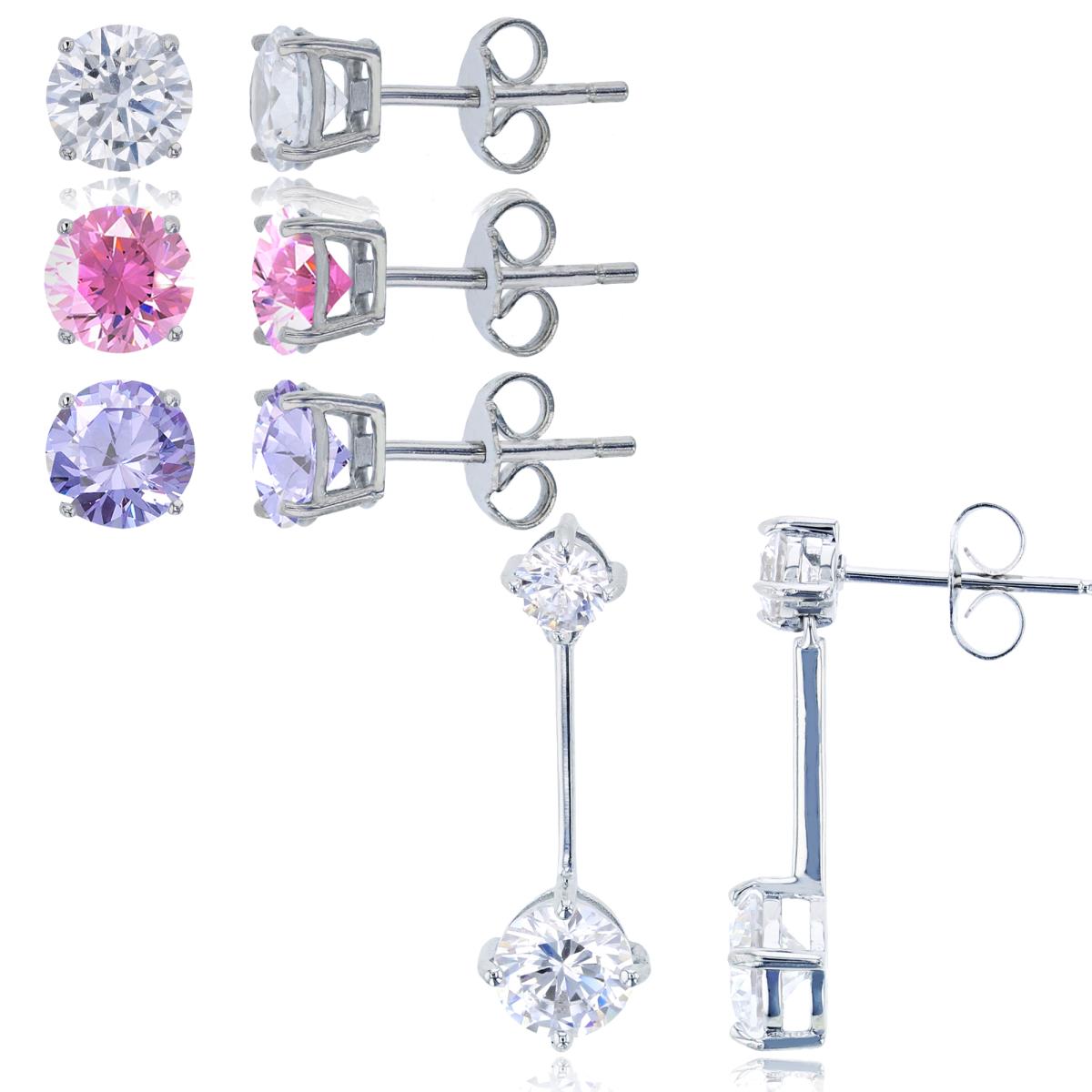 Sterling Silver Rhodium 6mm Bottom & 4mm Top Dngl with Pink,Lavender & White 6mm Rd Solitaire Stud Earring Set 