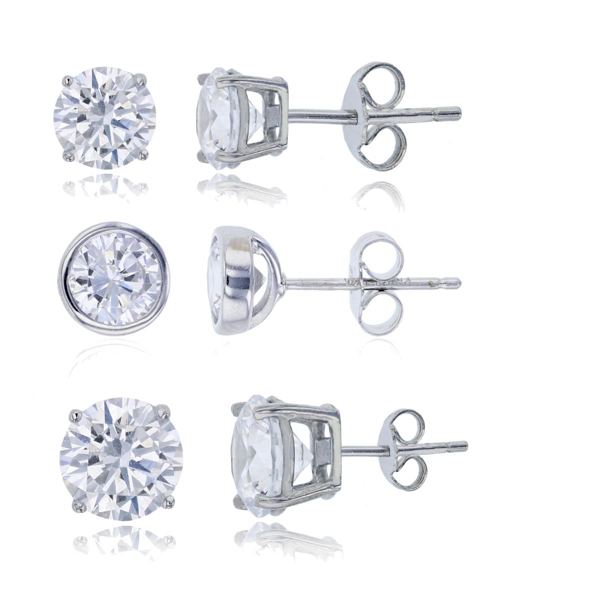 Sterling Silver Rhodium 6mm Rd Bezel, 6mm & 8mm Rd Solitaires Stud Earring Set