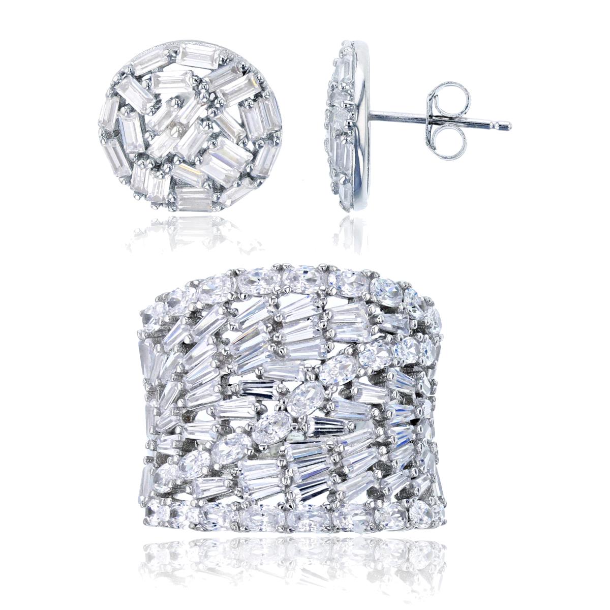 Sterling Silver Rhodium Baguette/Oval CZ Scattered Ring & Baguette CZ Circle Stud Earring Set