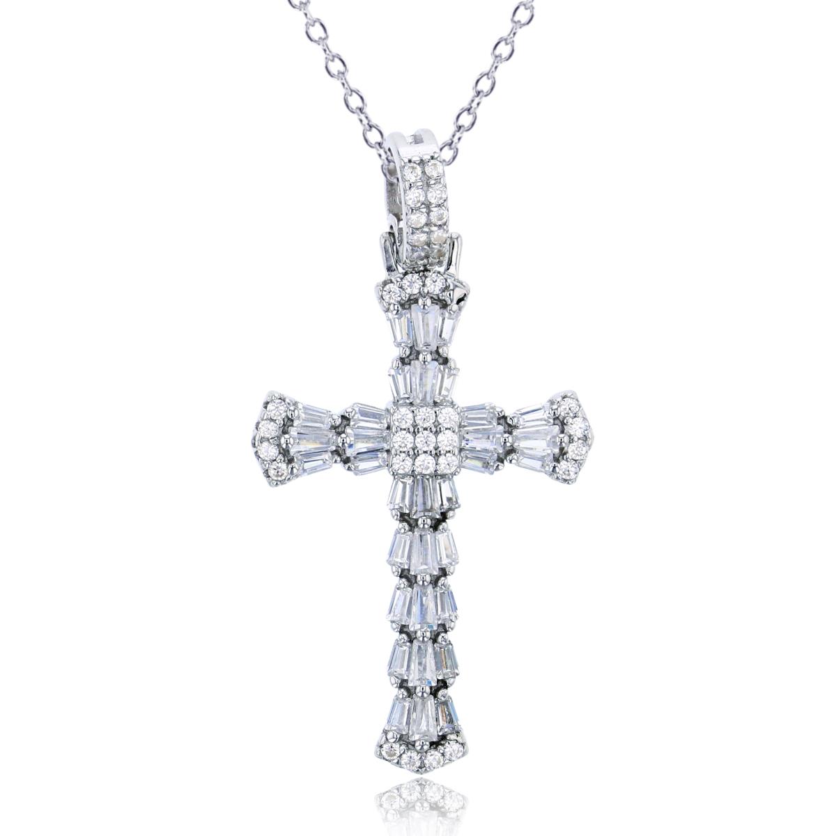 Sterling Silver Rhodium Rnd/TB CZ Cross 18"Necklace