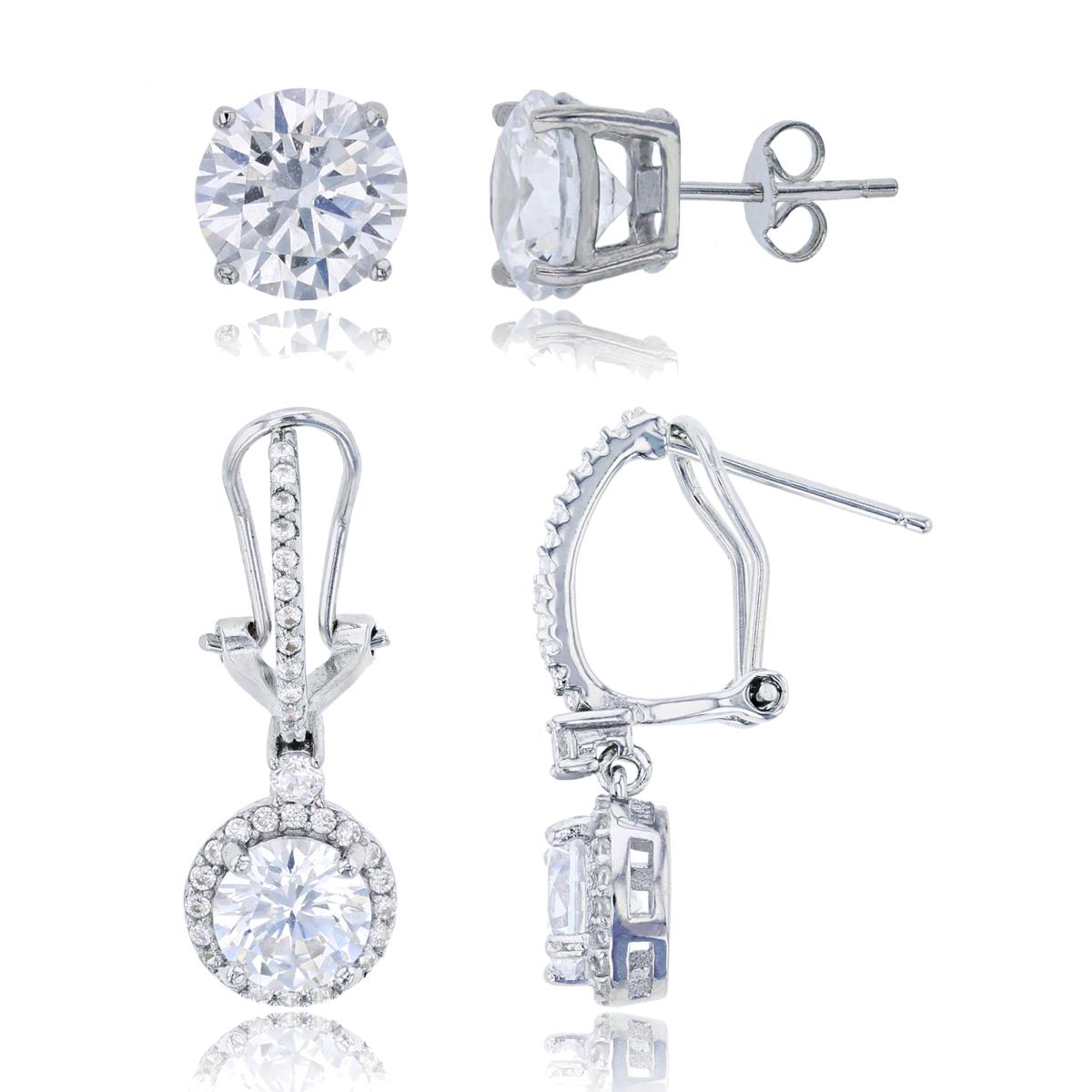 Sterling Silver Rhodium 6mm Rd Cut CZ Halo Dangling & 8mm Rd Solitaire Stud Earring Set