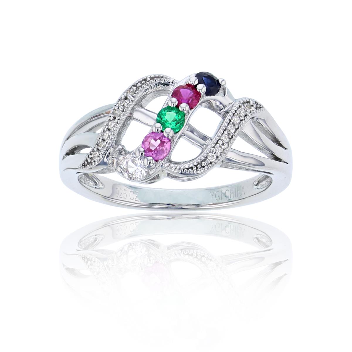 Sterling Silver Rhodium CZ & 2.5mm Rnd Multicolor Row Open Ring
