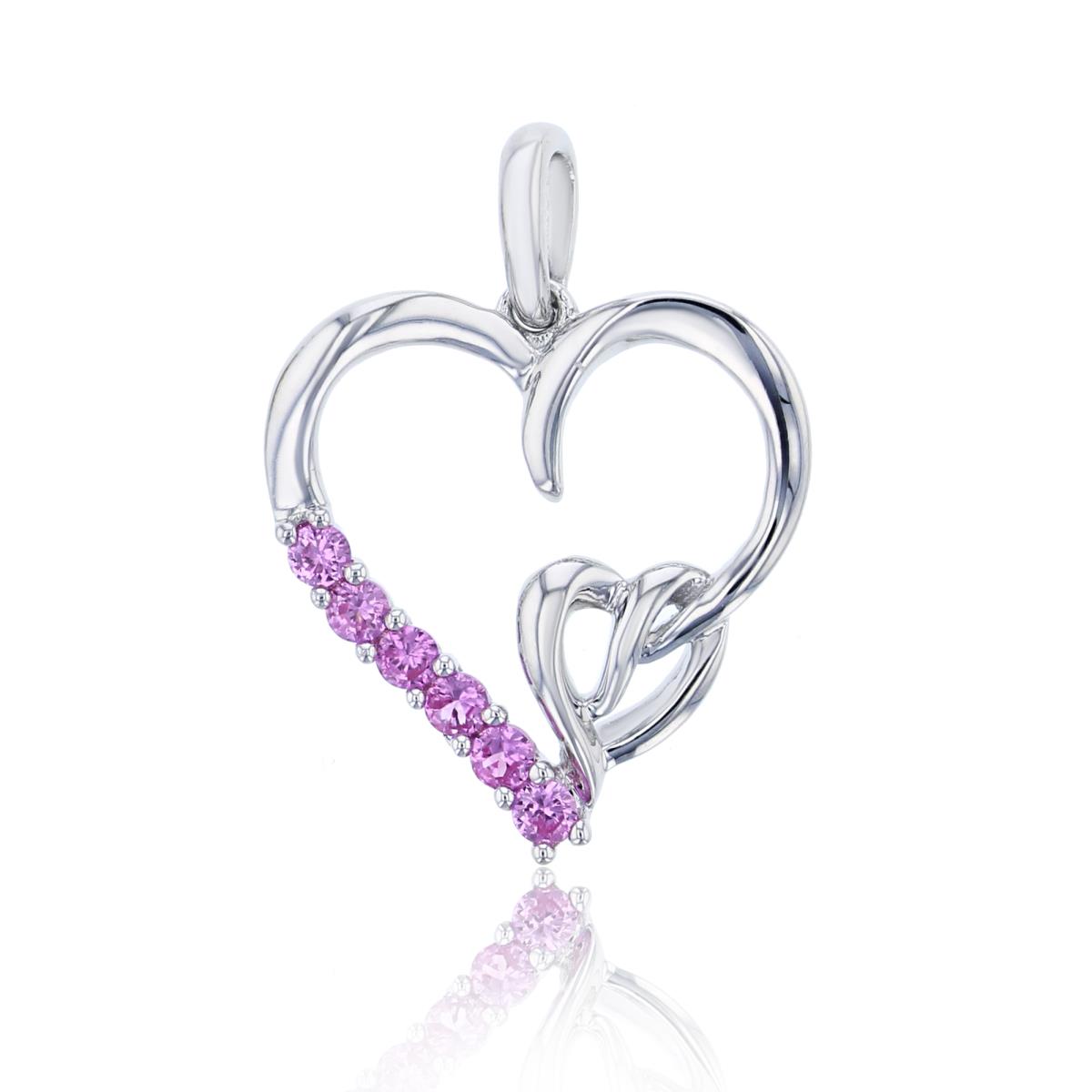 Sterling Silver Rhodium 2mm Rnd Cr Pink Sapphire Big/Small Hearts Pendant