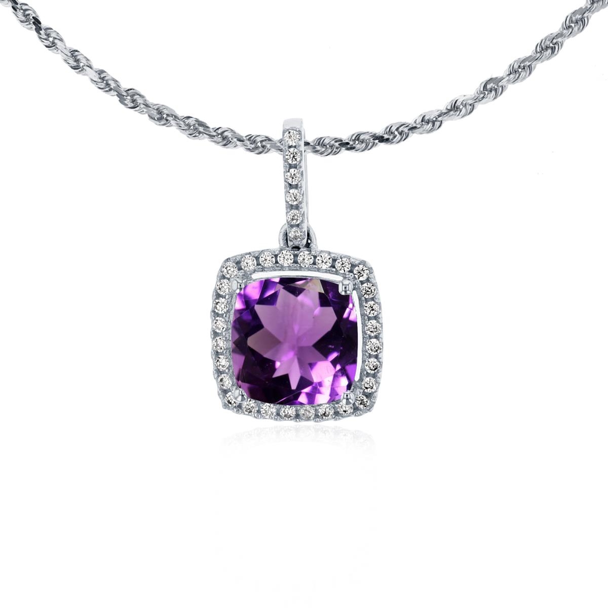 14K White Gold 7mm Cushion Amethyst & 0.14 CTTW Rnd Diamond Halo 18" Rope Chain Necklace