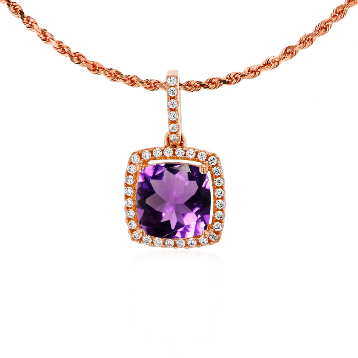 14K Rose Gold 7mm Cushion Amethyst & 0.14 CTTW Rnd Diamond Halo 18" Rope Chain Necklace