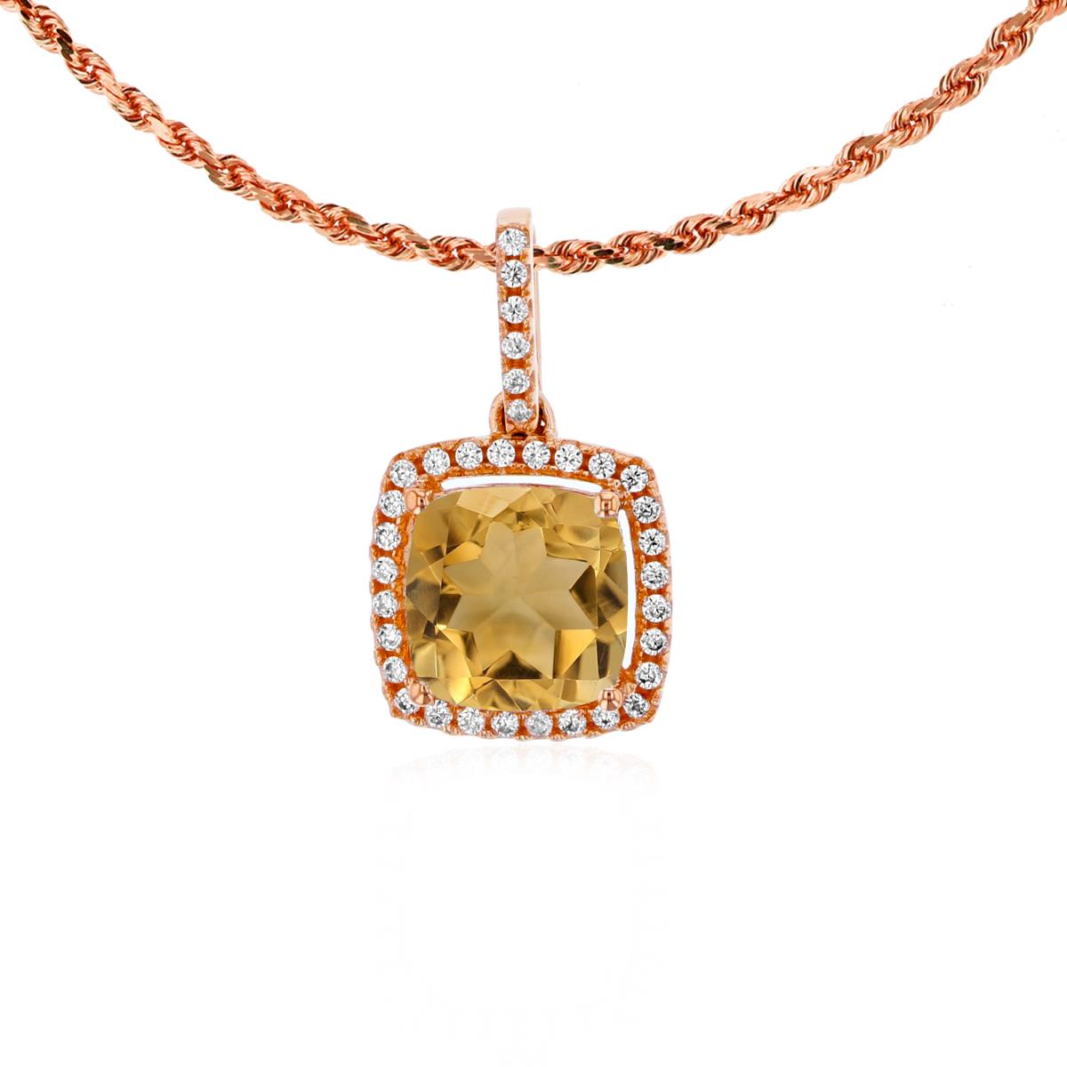 14K Rose Gold 7mm Cushion Citrine & 0.14 CTTW Rnd Diamond Halo 18" Rope Chain Necklace