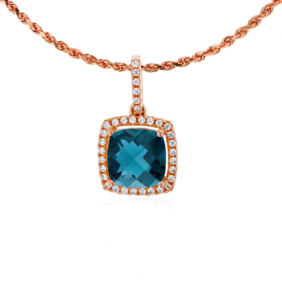 14K Rose Gold 7mm Cushion London Blue Topaz & 0.14 CTTW Rnd Diamond Halo 18" Rope Chain Necklace
