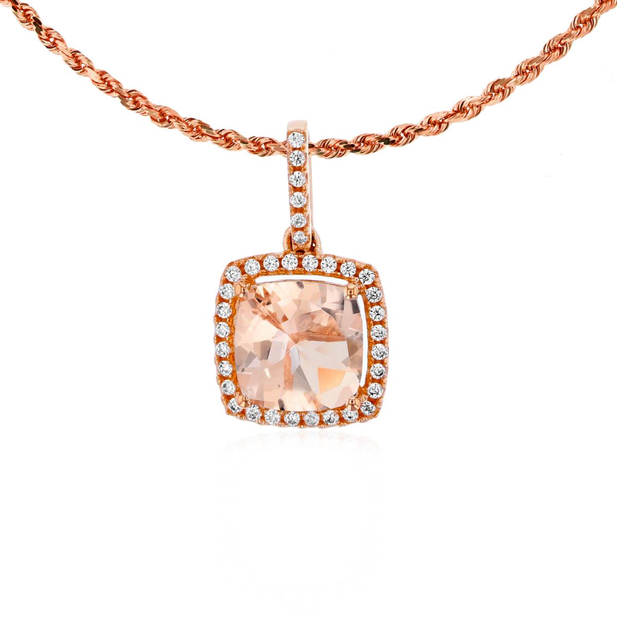 14K Rose Gold 7mm Cushion Morganite & 0.14 CTTW Rnd Diamond Halo 18" Rope Chain Necklace