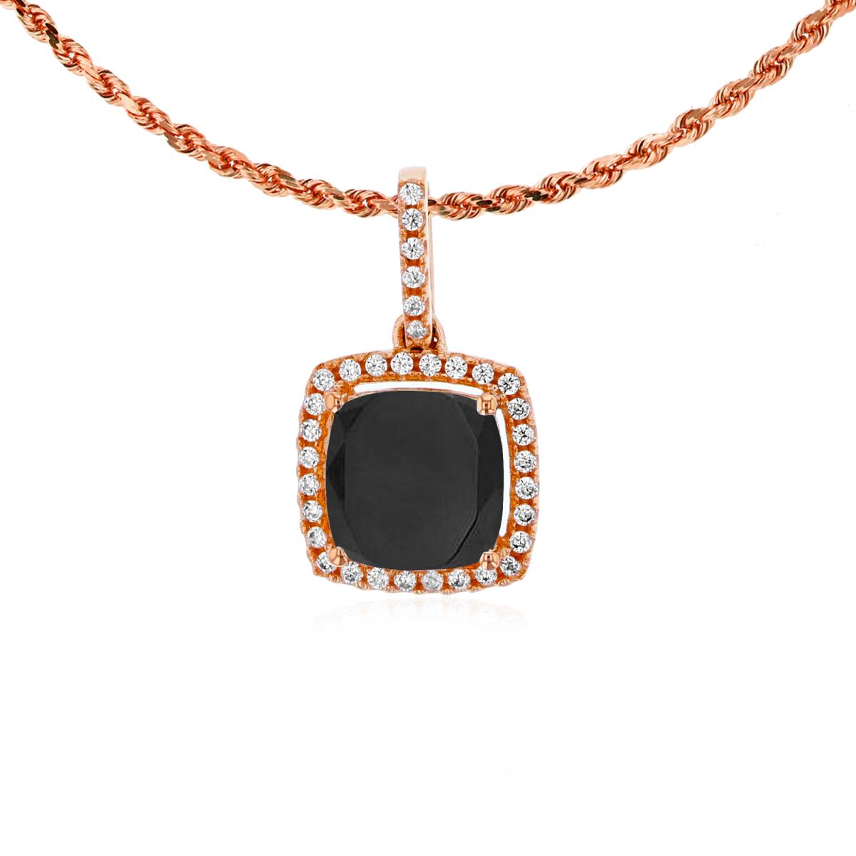 14K Rose Gold 7mm Cushion Onyx & 0.14 CTTW Rnd Diamond Halo 18" Rope Chain Necklace