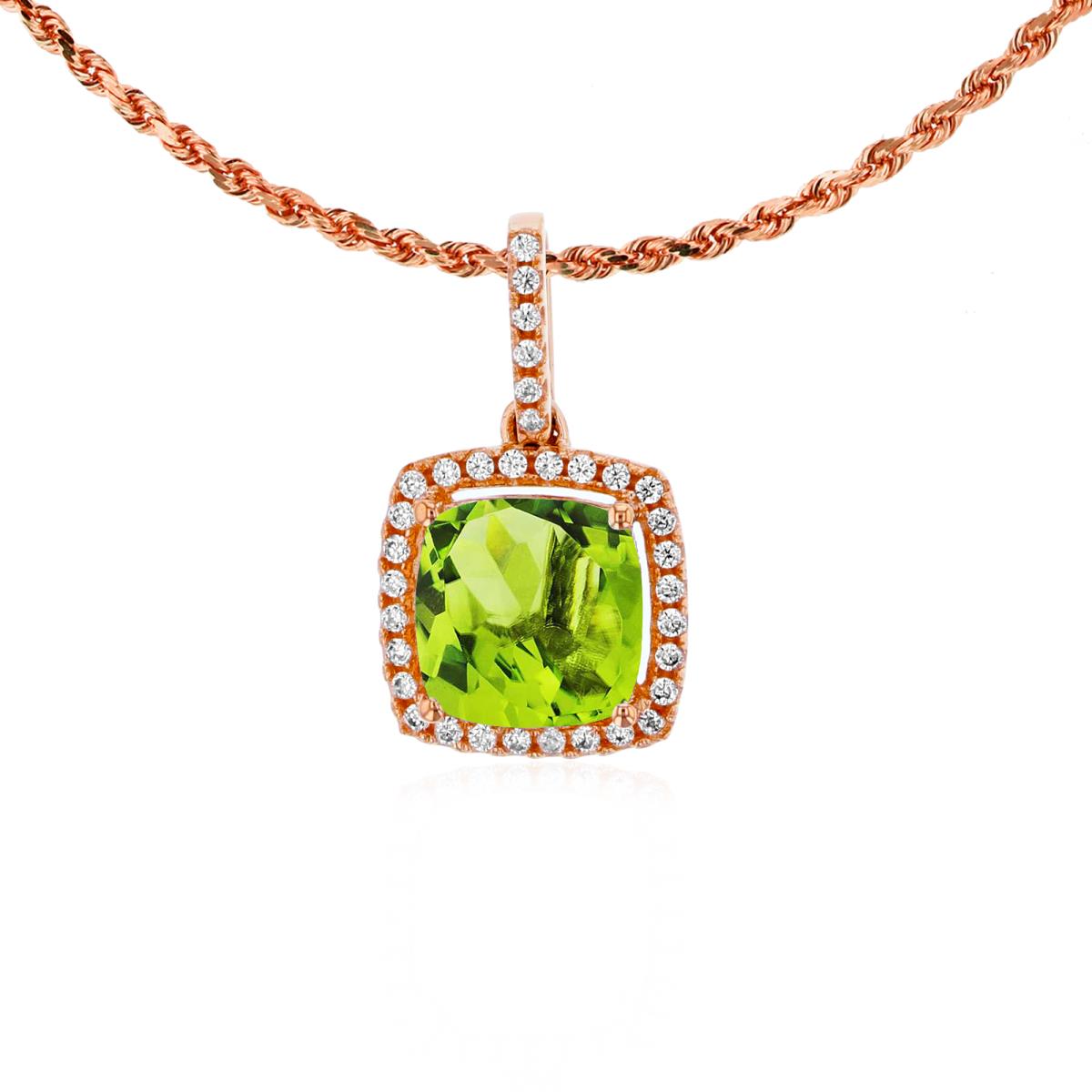 14K Rose Gold 7mm Cushion Peridot & 0.14 CTTW Rnd Diamond Halo 18" Rope Chain Necklace