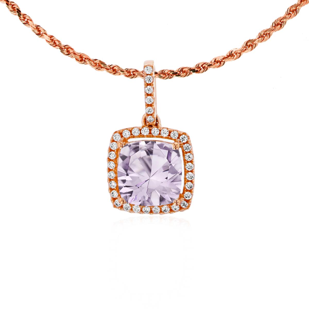 14K Rose Gold 7mm Cushion Rose De France & 0.14 CTTW Rnd Diamond Halo 18" Rope Chain Necklace