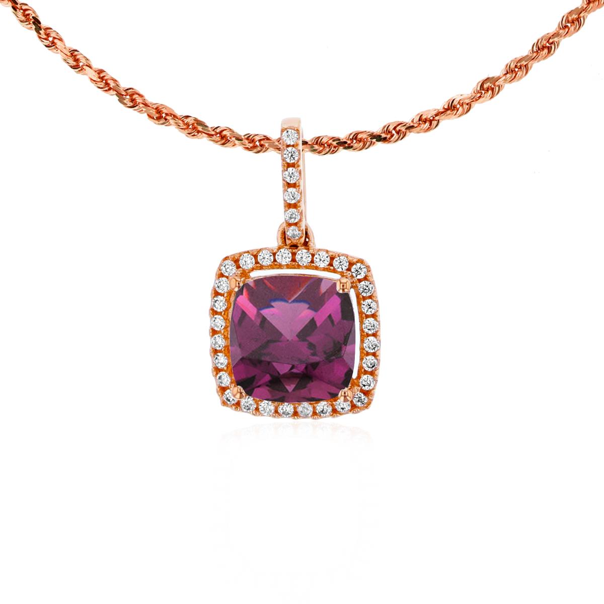 14K Rose Gold 7mm Cushion Rhodolite & 0.14 CTTW Rnd Diamond Halo 18" Rope Chain Necklace