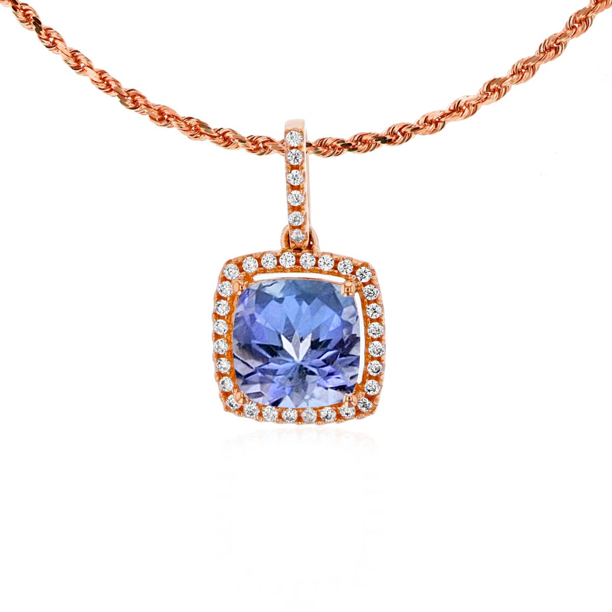 14K Rose Gold 7mm Cushion Tanzanite & 0.14 CTTW Rnd Diamond Halo 18" Rope Chain Necklace
