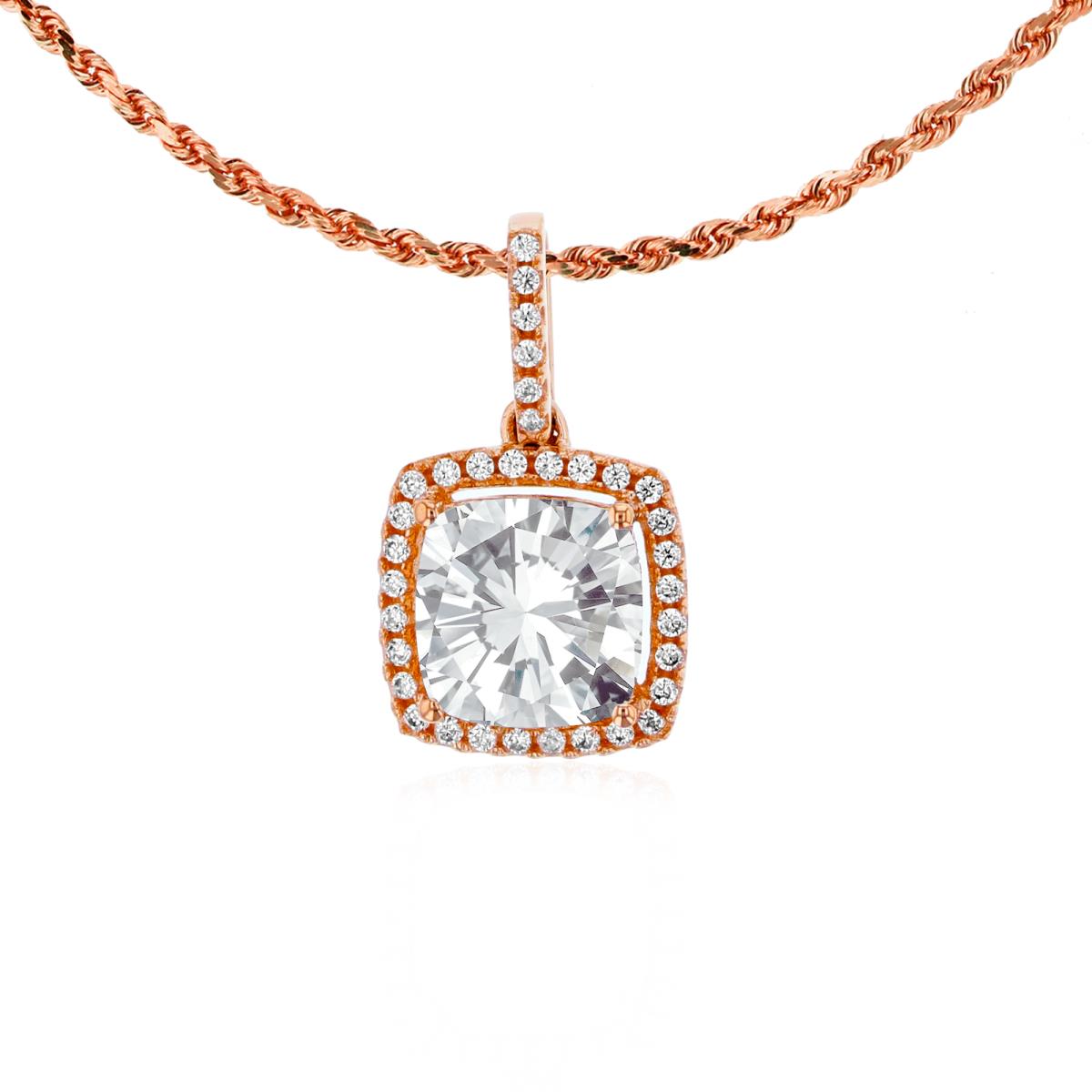 14K Rose Gold 7mm Cushion White Topaz & 0.14 CTTW Rnd Diamond Halo 18" Rope Chain Necklace