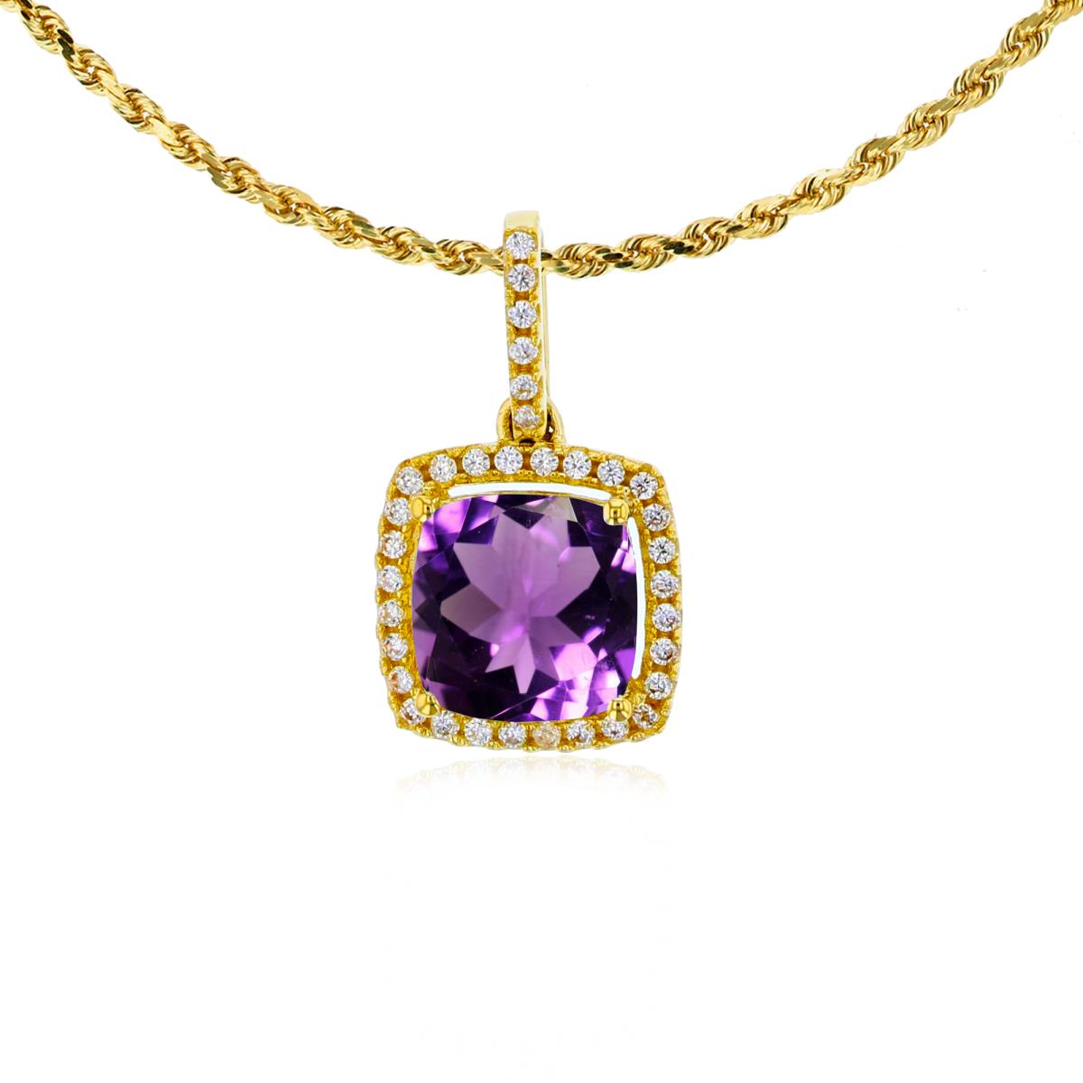 10K Yellow Gold 7mm Cushion Amethyst & 0.14 CTTW Rnd Diamond Halo 18" Rope Chain Necklace