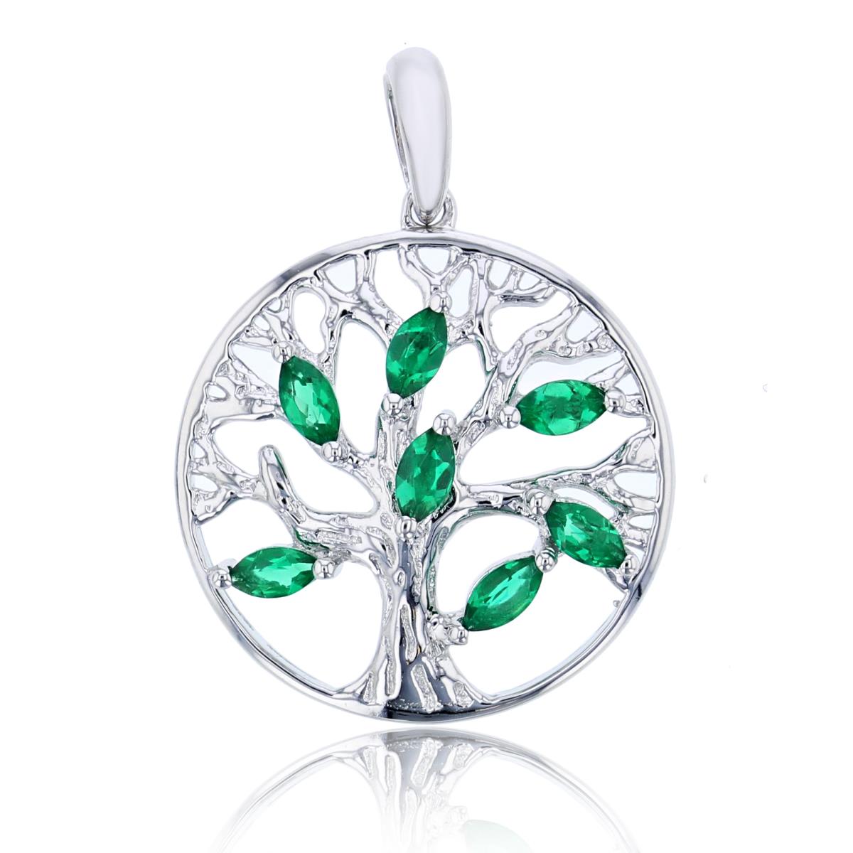 Sterling Silver Rhodium Marquise Created Emerald "Life of Tree" Circle Pendant