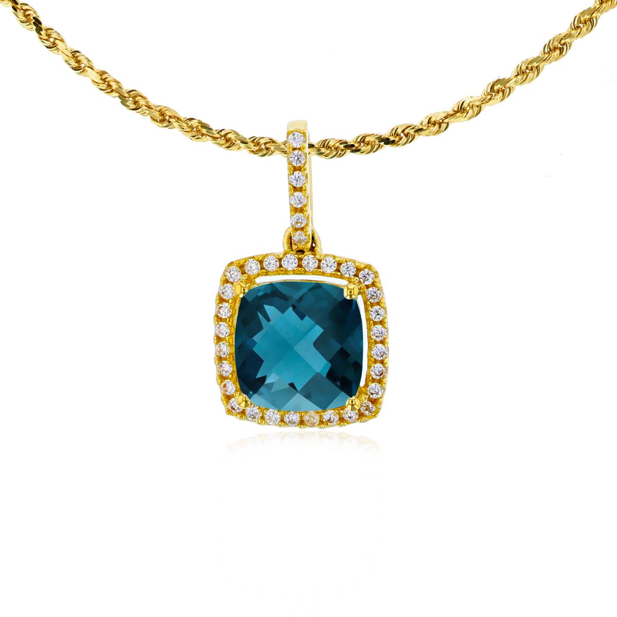 10K Yellow Gold 7mm Cushion London Blue Topaz & 0.14 CTTW Rnd Diamond Halo 18" Rope Chain Necklace