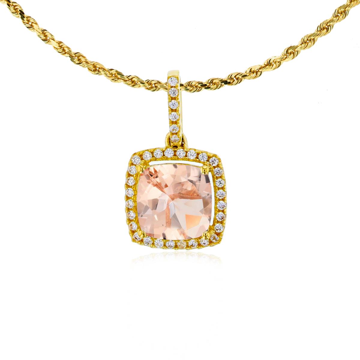 10K Yellow Gold 7mm Cushion Morganite & 0.14 CTTW Rnd Diamond Halo 18" Rope Chain Necklace