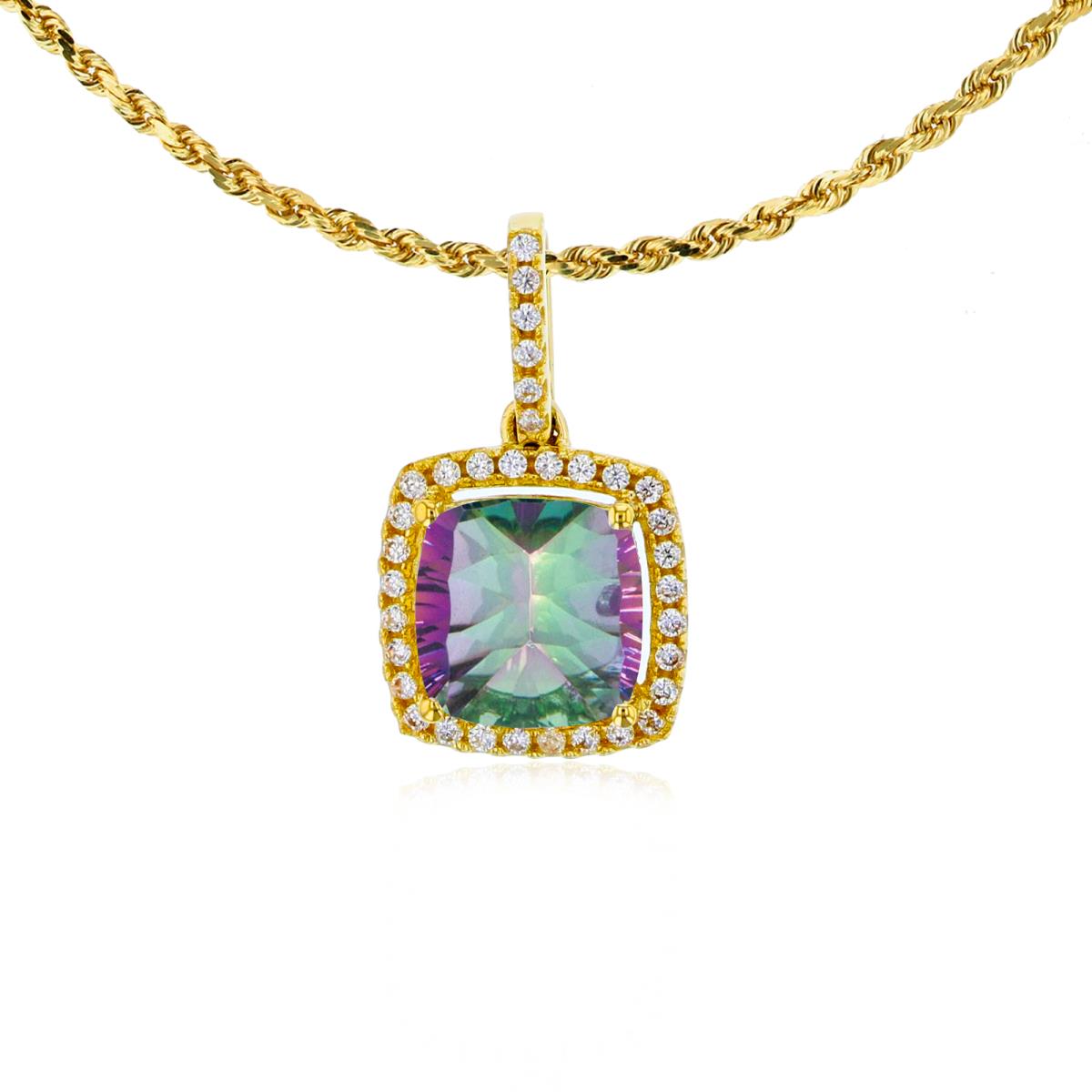 10K Yellow Gold 7mm Cushion Mystic Green Topaz & 0.14 CTTW Rnd Diamond Halo 18" Rope Chain Necklace