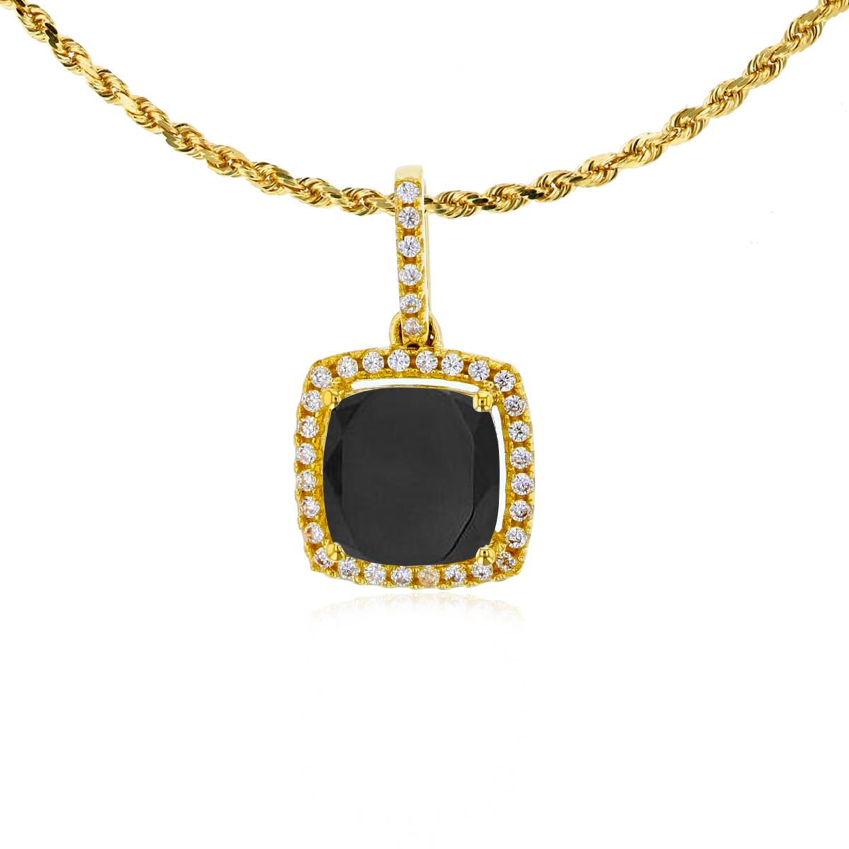 10K Yellow Gold 7mm Cushion Onyx & 0.14 CTTW Rnd Diamond Halo 18" Rope Chain Necklace