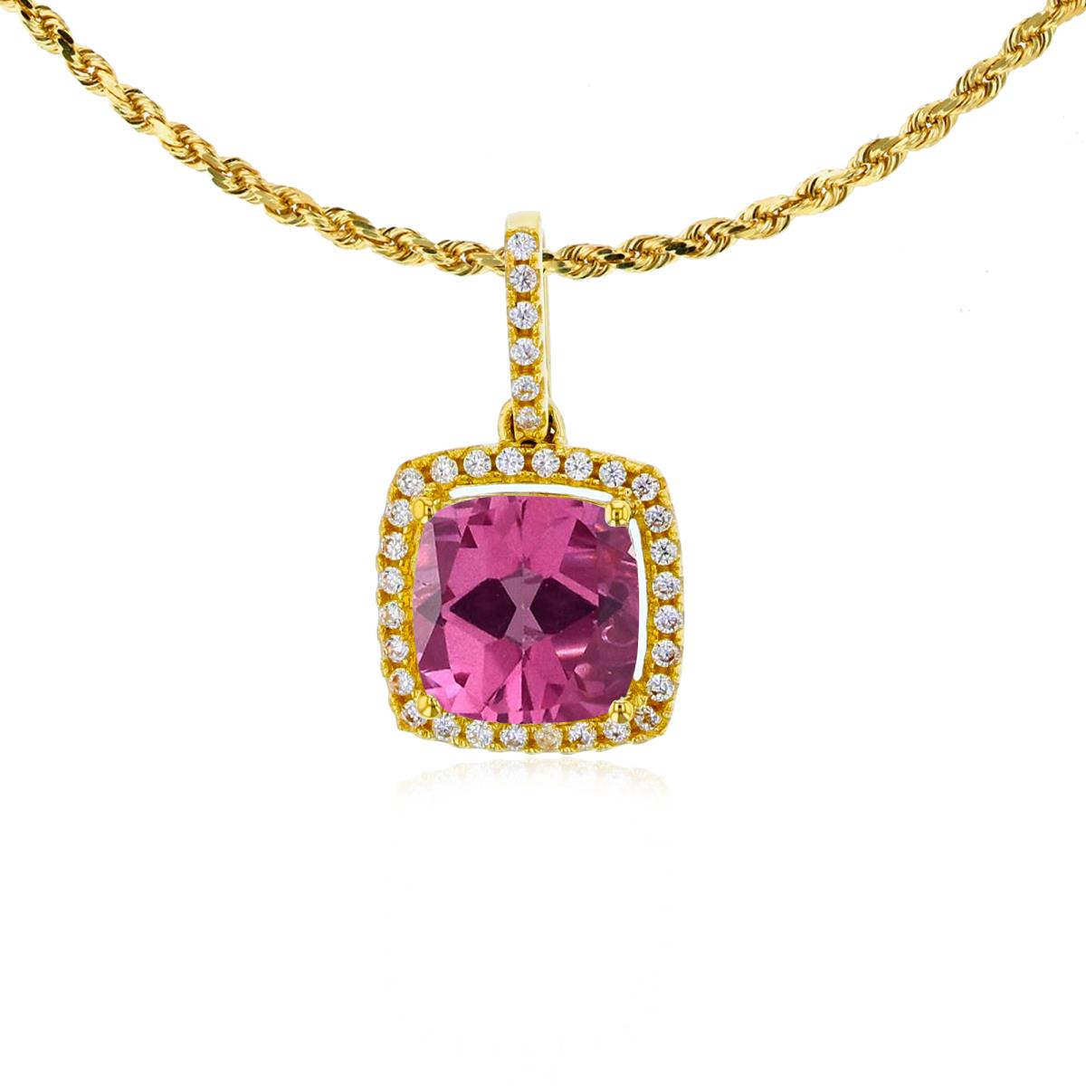 10K Yellow Gold 7mm Cushion Pure Pink & 0.14 CTTW Rnd Diamond Halo 18" Rope Chain Necklace