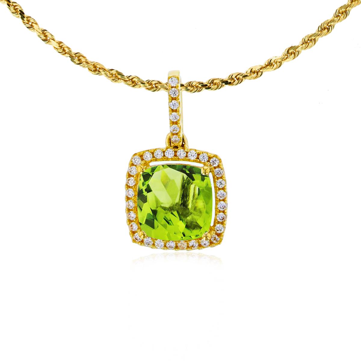10K Yellow Gold 7mm Cushion Peridot & 0.14 CTTW Rnd Diamond Halo 18" Rope Chain Necklace