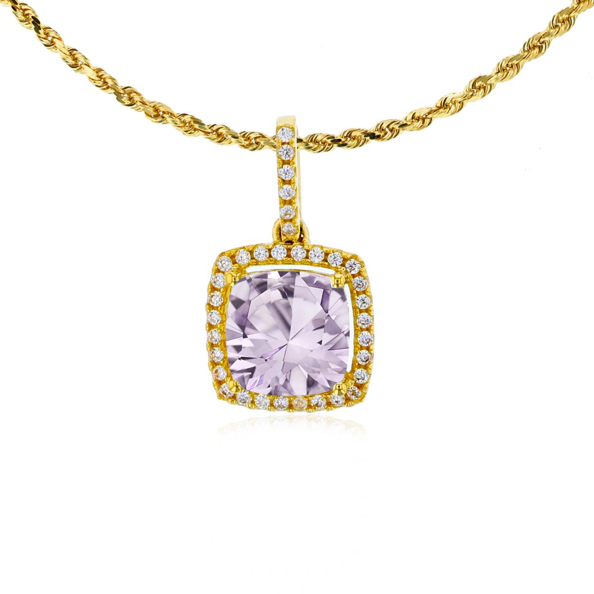 10K Yellow Gold 7mm Cushion Rose De France & 0.14 CTTW Rnd Diamond Halo 18" Rope Chain Necklace