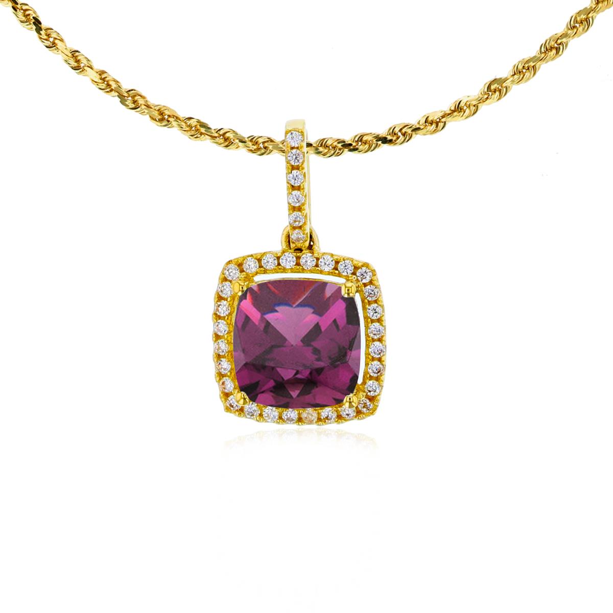 10K Yellow Gold 7mm Cushion Rhodolite & 0.14 CTTW Rnd Diamond Halo 18" Rope Chain Necklace
