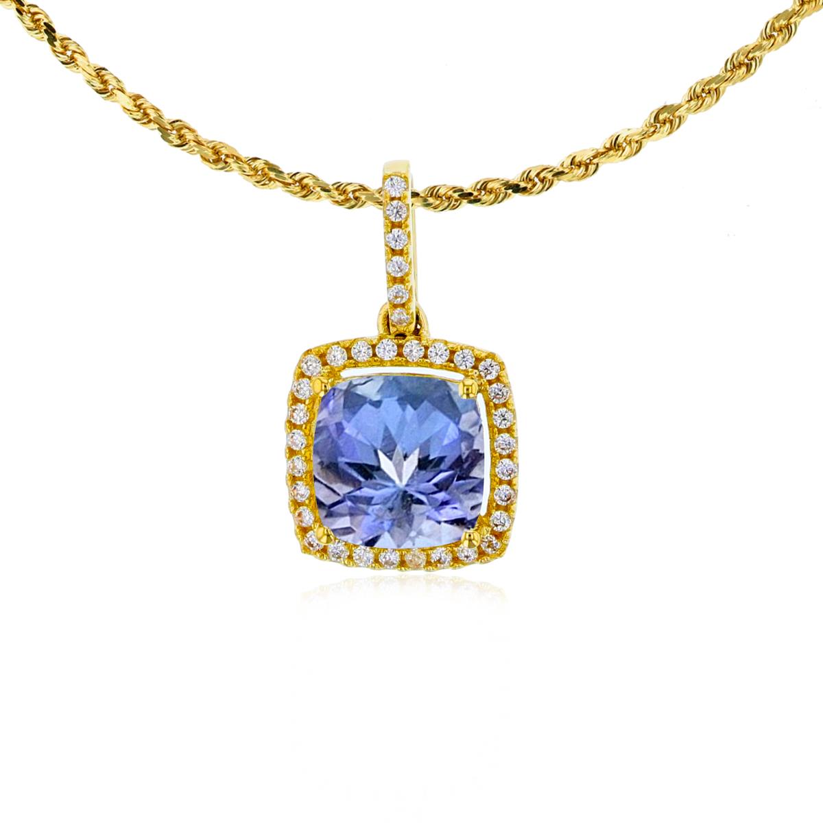 10K Yellow Gold 7mm Cushion Tanzanite & 0.14 CTTW Rnd Diamond Halo 18" Rope Chain Necklace