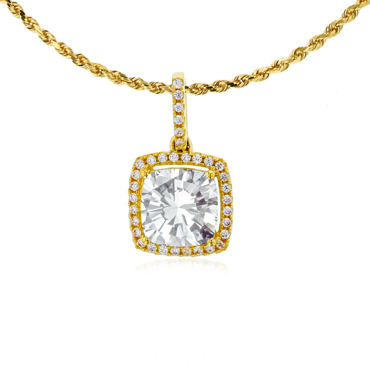 10K Yellow Gold 7mm Cushion White Topaz & 0.14 CTTW Rnd Diamond Halo 18" Rope Chain Necklace