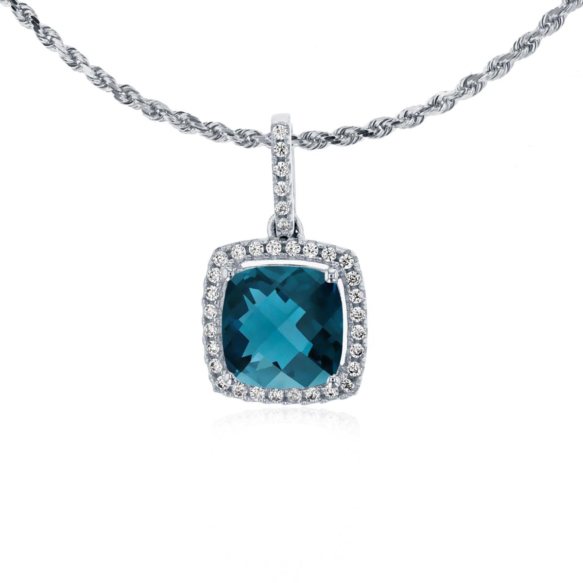 10K White Gold 7mm Cushion London Blue Topaz & 0.14 CTTW Rnd Diamond Halo 18" Rope Chain Necklace