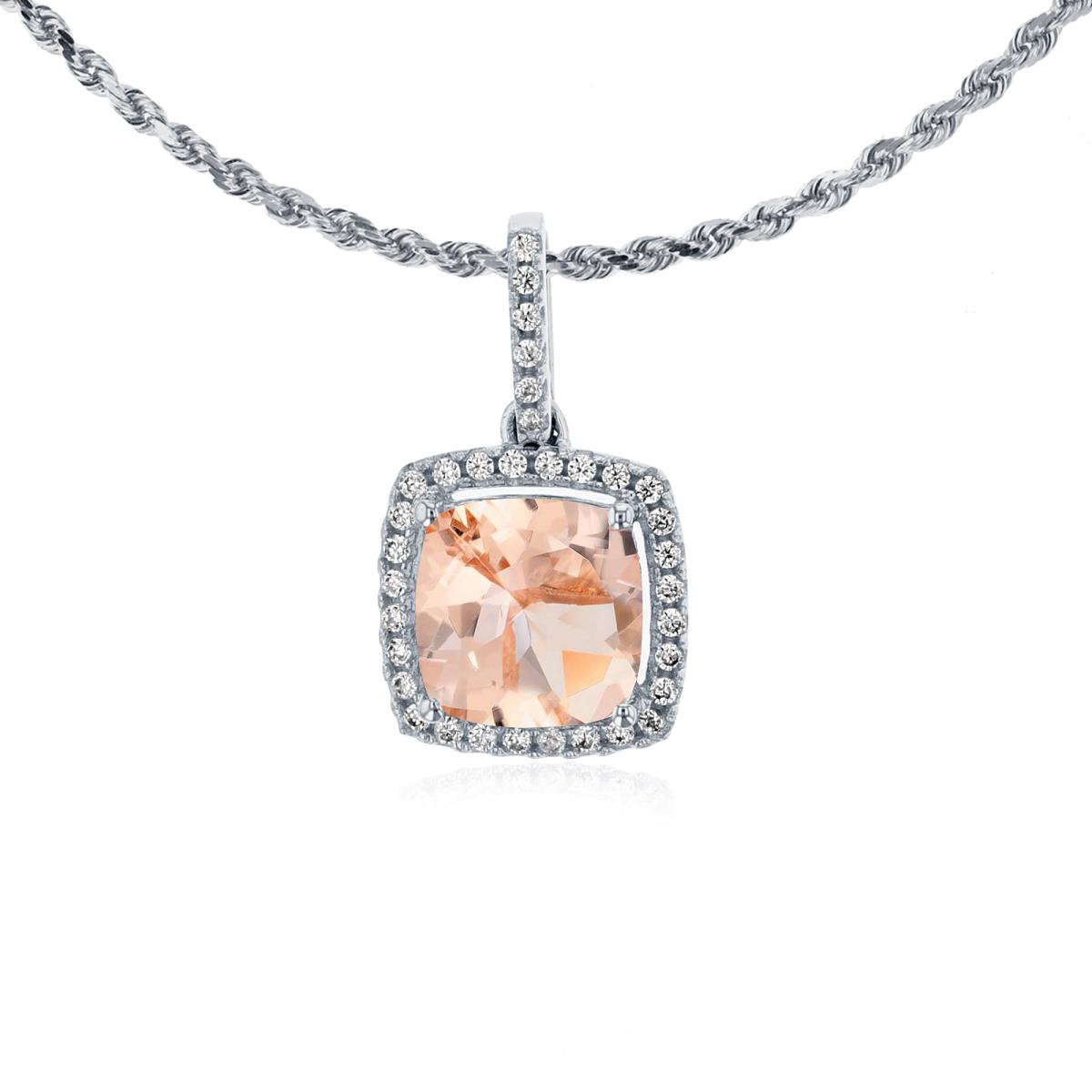 10K White Gold 7mm Cushion Morganite & 0.14 CTTW Rnd Diamond Halo 18" Rope Chain Necklace