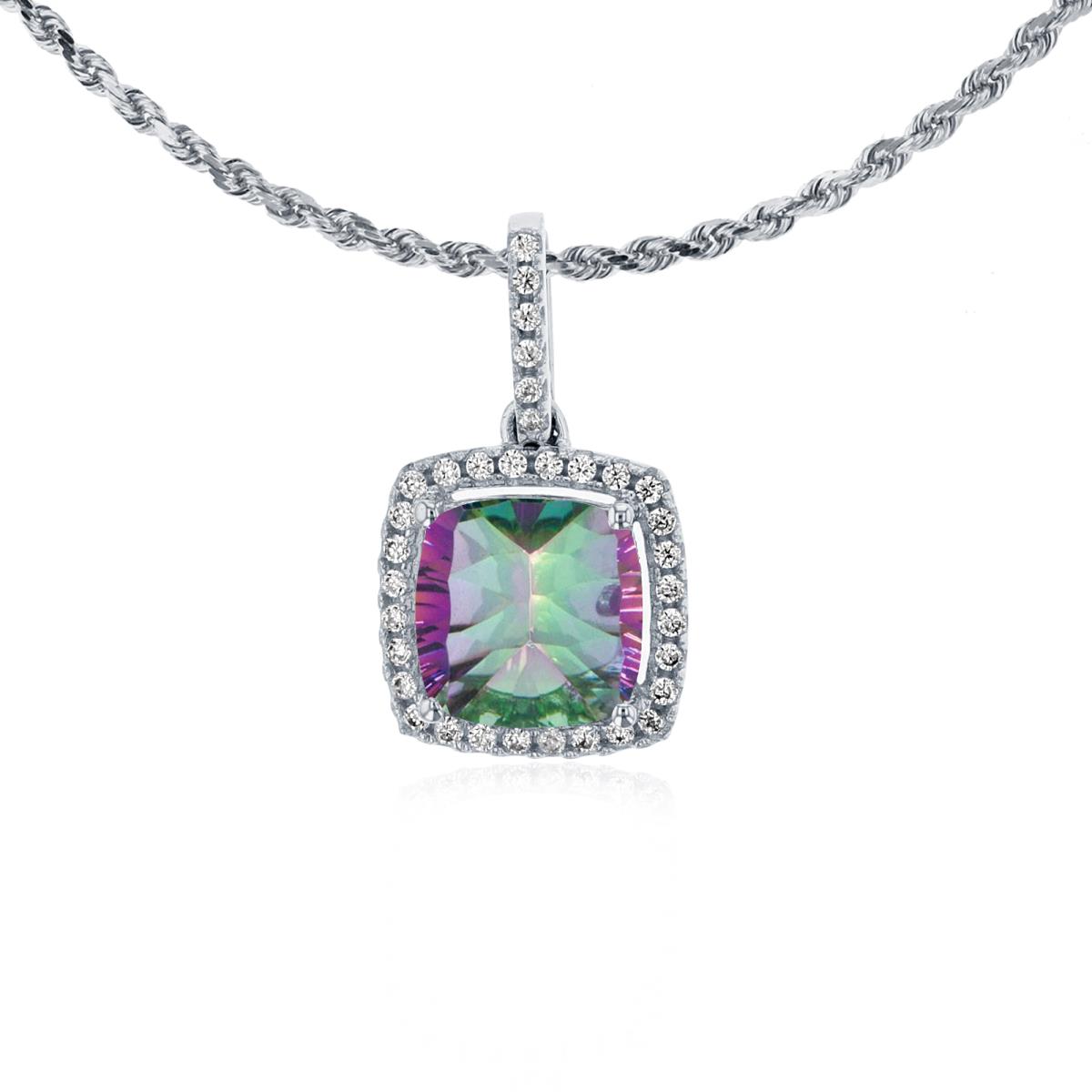 10K White Gold 7mm Cushion Mystic Green Topaz & 0.14 CTTW Rnd Diamond Halo 18" Rope Chain Necklace