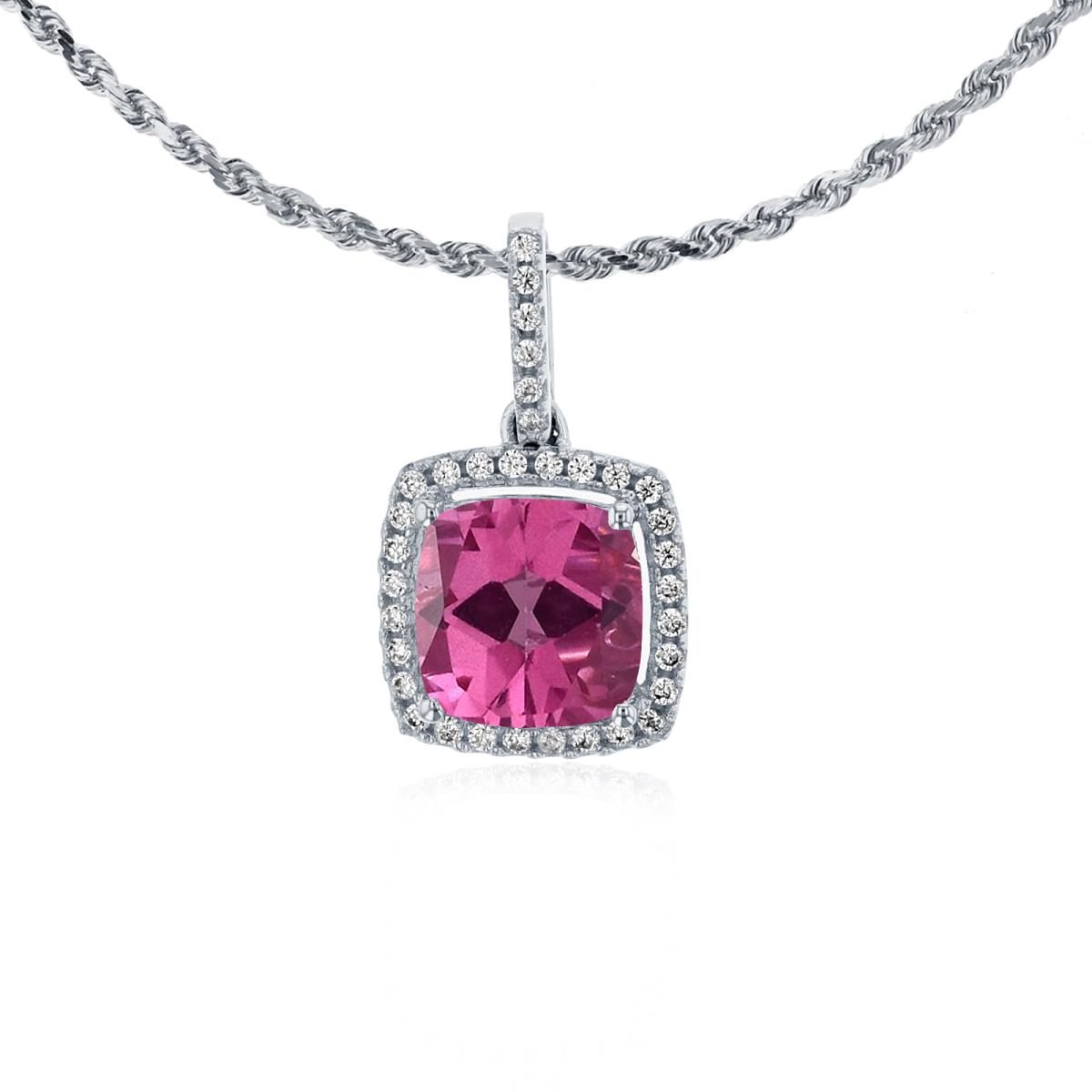 10K White Gold 7mm Cushion Pure Pink & 0.14 CTTW Rnd Diamond Halo 18" Rope Chain Necklace