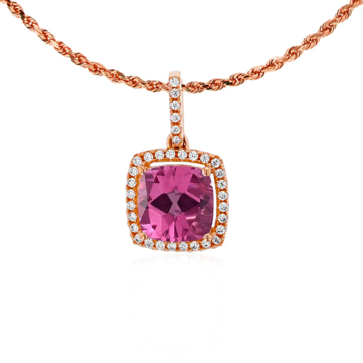 10K Rose Gold 7mm Cushion Pure Pink & 0.14 CTTW Rnd Diamond Halo 18" Rope Chain Necklace