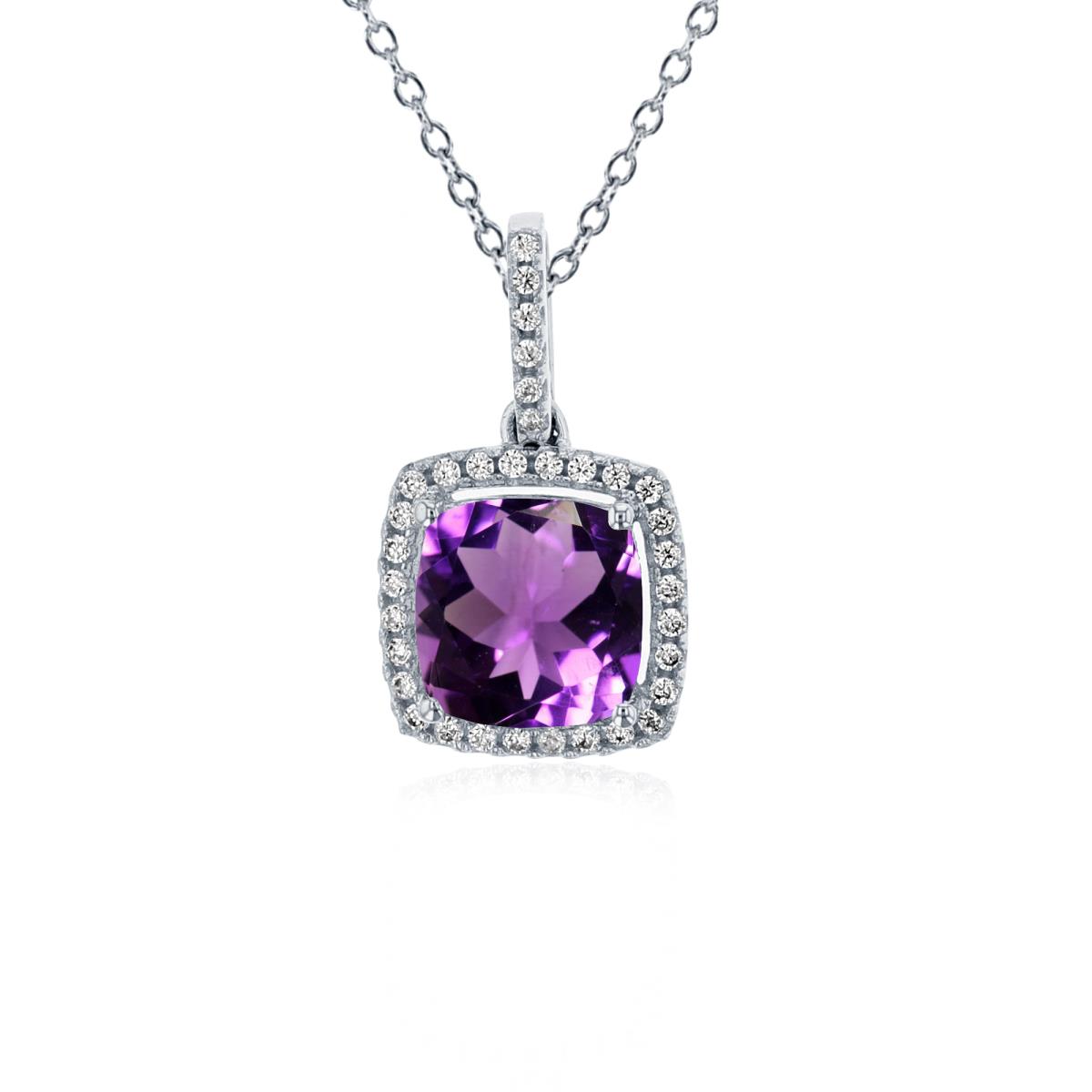 Sterling Silver Rhodium 7mm Cushion Amethyst & 1mm Rnd Cr White Sapphire Halo 18" Necklace
