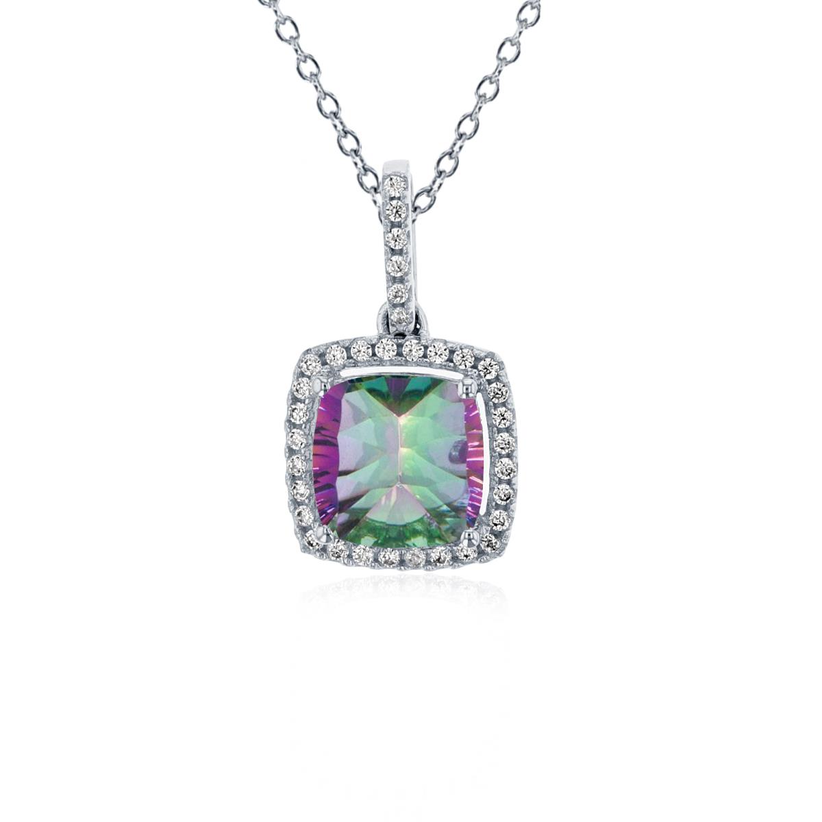 Sterling Silver Rhodium 7mm Cushion Mystic Green Topaz & 1mm Rnd Cr White Sapphire Halo 18" Necklace