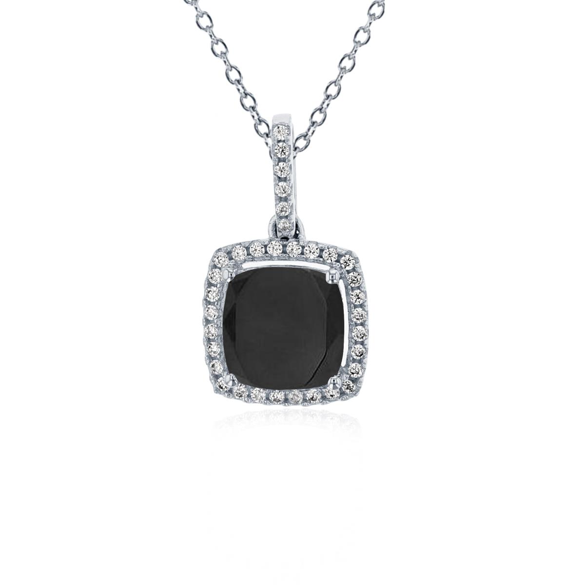 Sterling Silver Rhodium 7mm Cushion Onyx & 1mm Rnd Cr White Sapphire Halo 18" Necklace