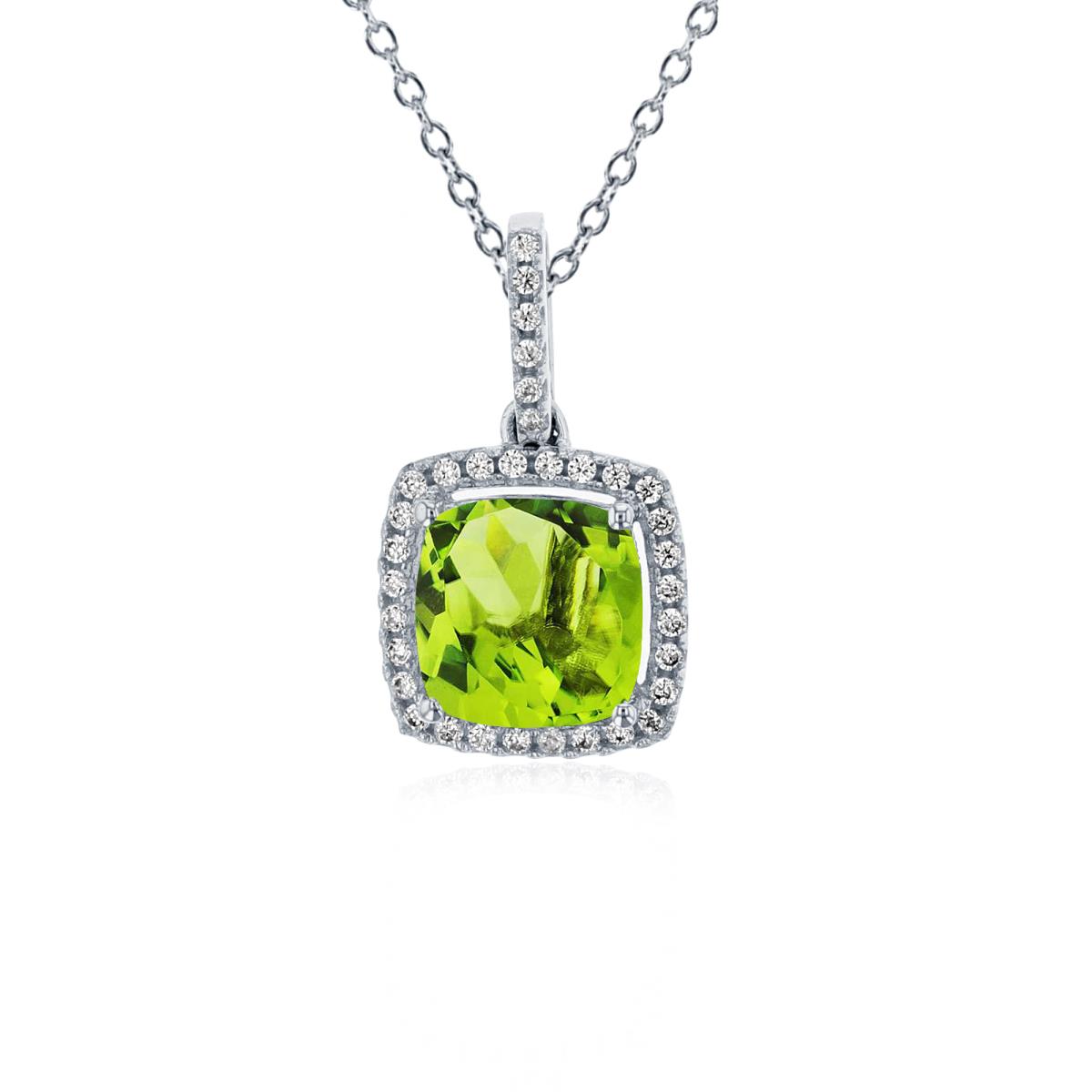 Sterling Silver Rhodium 7mm Cushion Peridot & 1mm Rnd Cr White Sapphire Halo 18" Necklace