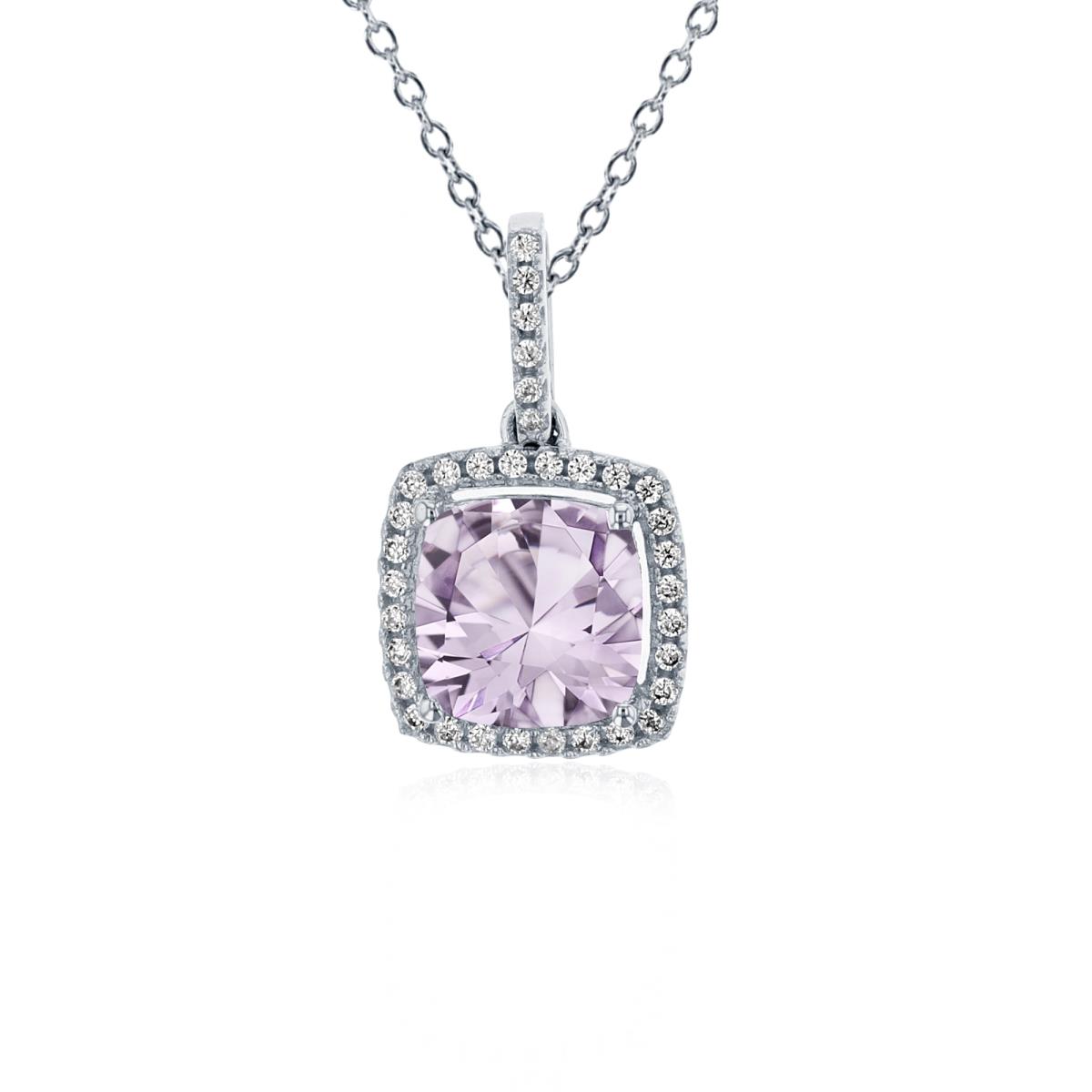 Sterling Silver Rhodium 7mm Cushion Rose De France & 1mm Rnd Cr White Sapphire Halo 18" Necklace