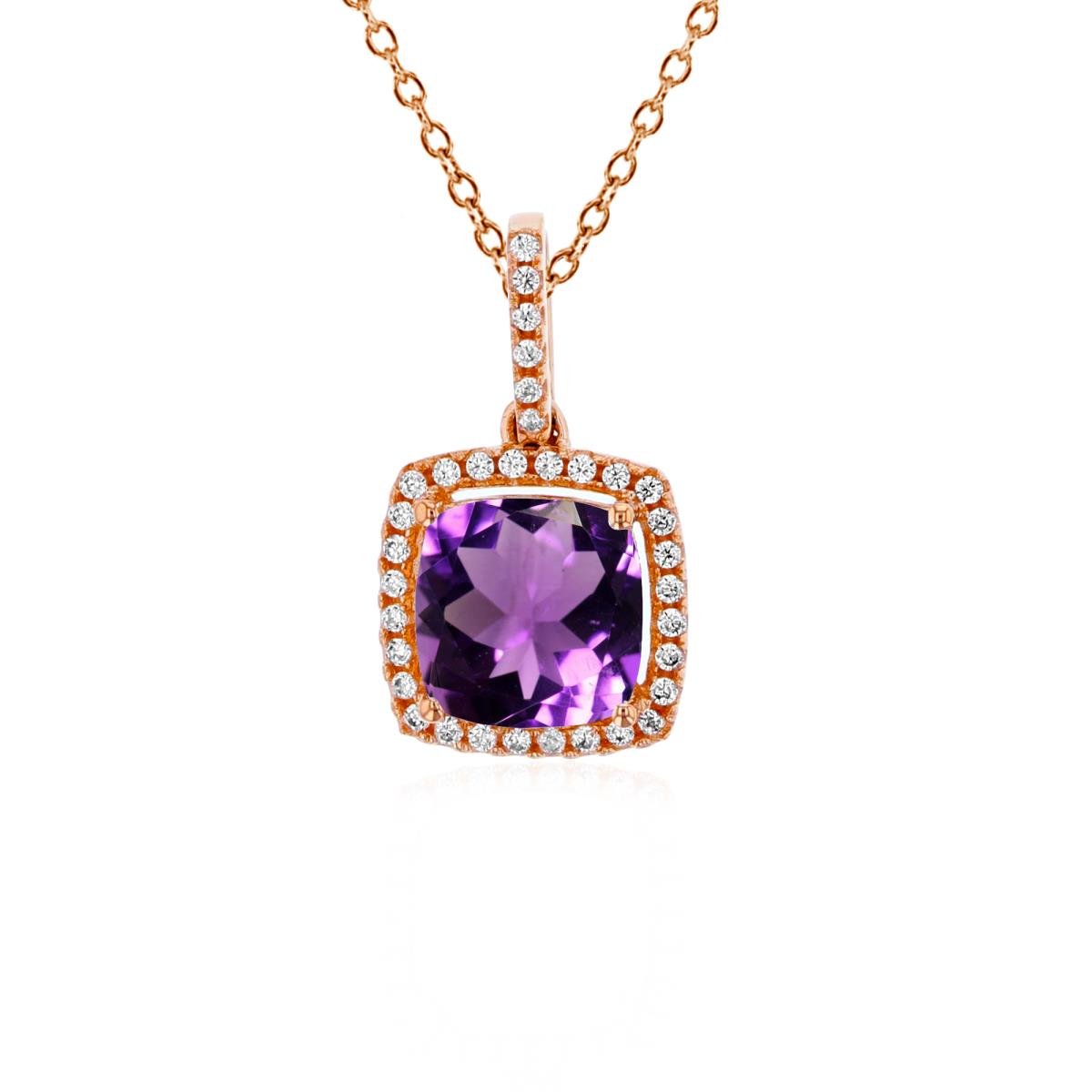 Sterling Silver Rose 7mm Cushion Amethyst & 1mm Rnd Cr White Sapphire Halo 18" Necklace