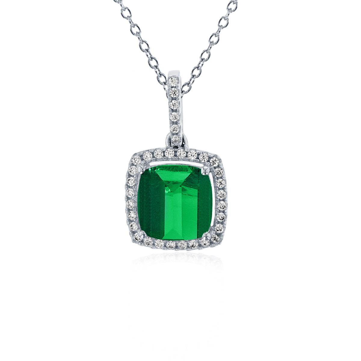 Sterling Silver Rhodium 7mm Cushion Cr Emerald & 1mm Rnd Cr White Sapphire Halo 18" Necklace