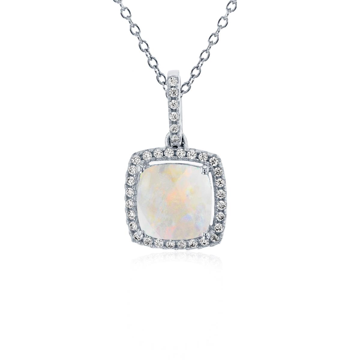 Sterling Silver Rhodium 7mm Cushion Cr Opal & 1mm Rnd Cr White Sapphire Halo 18" Necklace