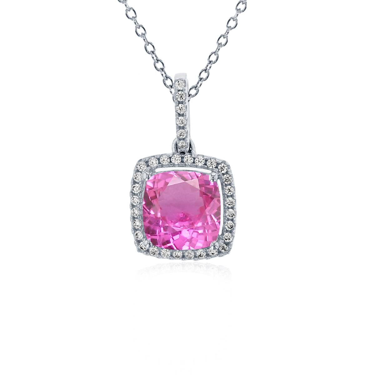 Sterling Silver Rhodium 7mm Cushion Cr Pink Sapphire & 1mm Rnd Cr White Sapphire Halo 18" Necklace