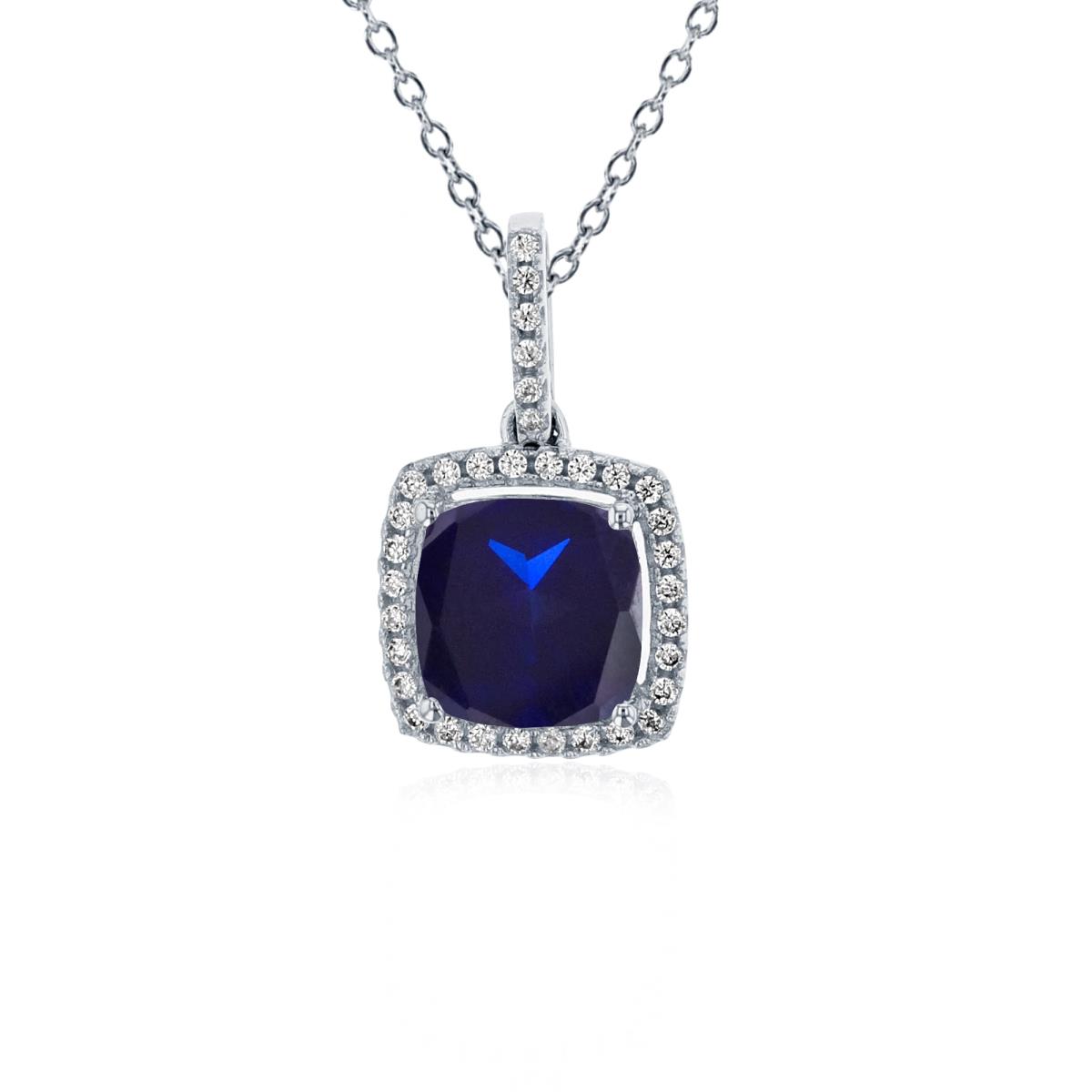 Sterling Silver Rhodium 7mm Cushion Cr Blue Sapphire & 1mm Rnd Cr White Sapphire Halo 18" Necklace