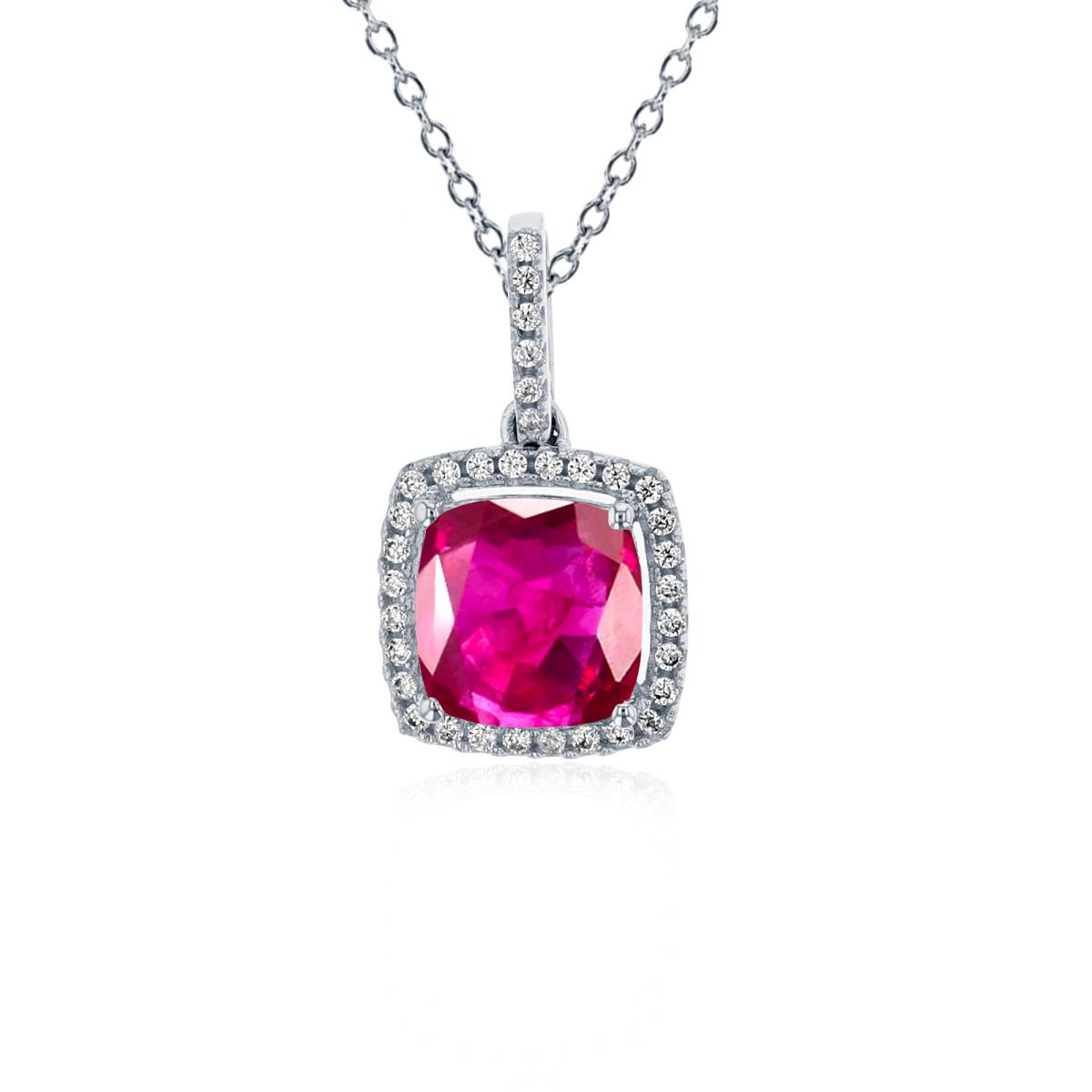 Sterling Silver Rhodium 7mm Cushion Cr Ruby & 1mm Rnd Cr White Sapphire Halo 18" Necklace