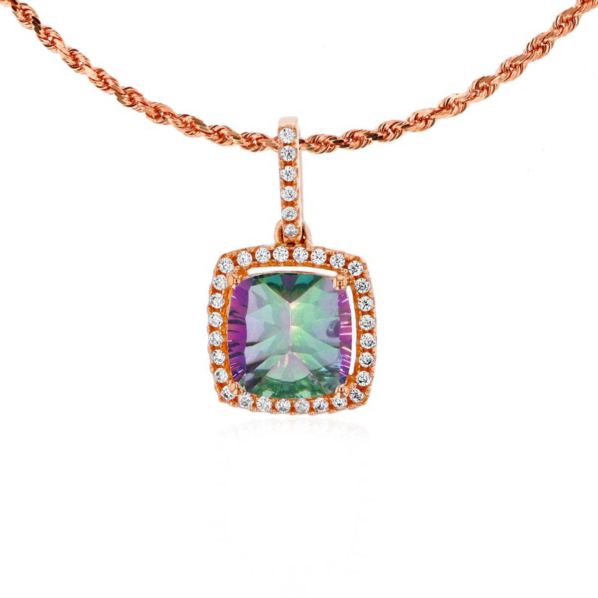 10K Rose Gold 7mm Cushion Mystic Green Topaz & 0.14 CTTW Rnd Diamond Halo 18" Rope Chain Necklace