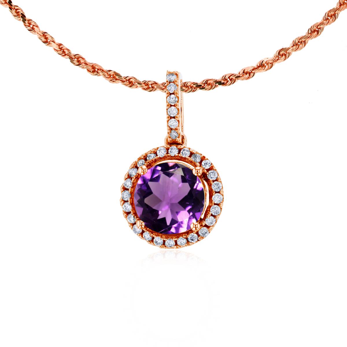 14K Rose Gold 7mm Round Amethyst & 0.15 CTTW Round Diamonds Halo 18" Rope Chain Necklace