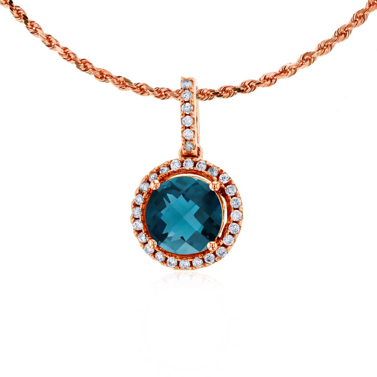 14K Rose Gold 7mm Round London Blue Topaz & 0.15 CTTW Round Diamonds Halo 18" Rope Chain Necklace