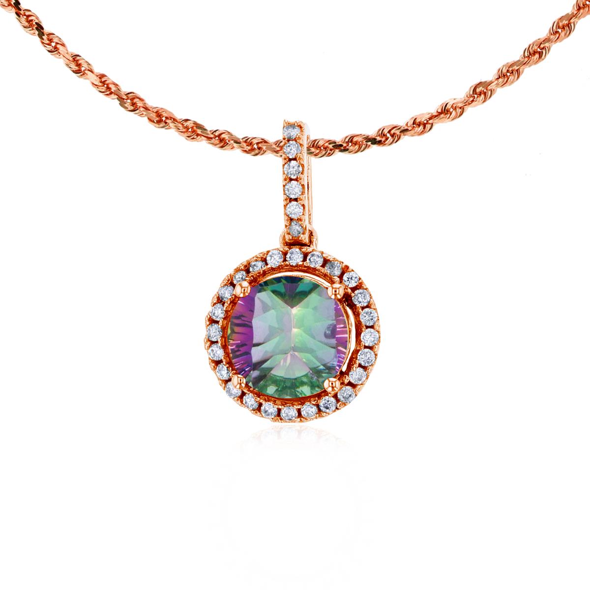 14K Rose Gold 7mm Round Mystic Green Topaz & 0.15 CTTW Round Diamonds Halo 18" Rope Chain Necklace